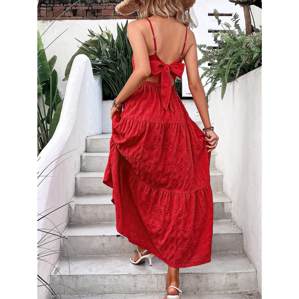 hot pink boho Solid Ruffle Hem Cami maxi Dress - Picture 5 of 11